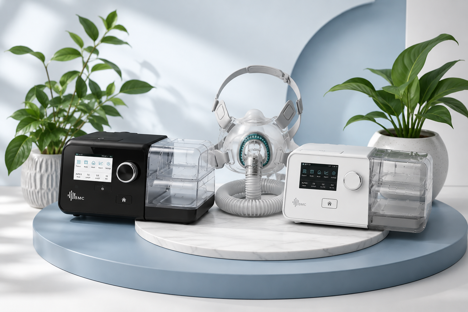 BMC CPAP machine and BMC full face mask with indoor plant, premium sleep apnea therapy equipment in Australia - CPAP
